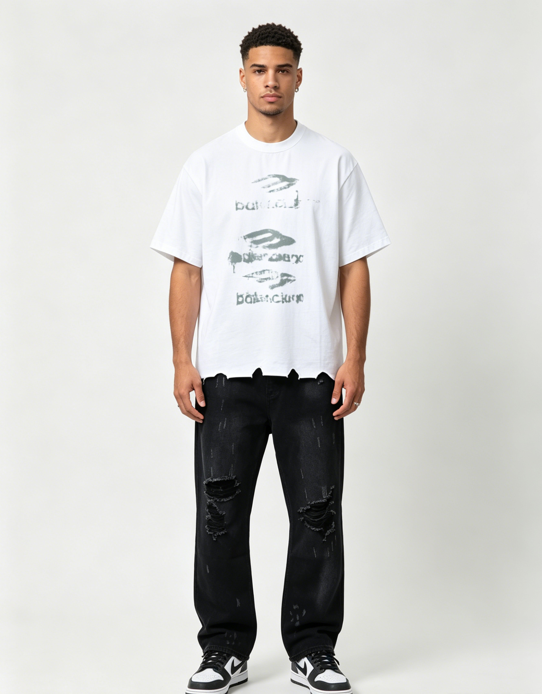 Balenciaga 25ss Graffiti T-shirt h16016 and 25FW Distressed Jeans h16016 Suit