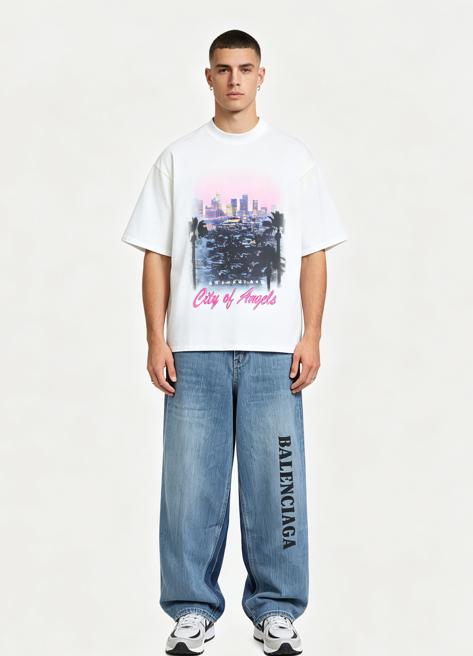 Balenciaga Distressed T-Shirt h18016 and 24SS Floral Denim Pants h31017 Suit