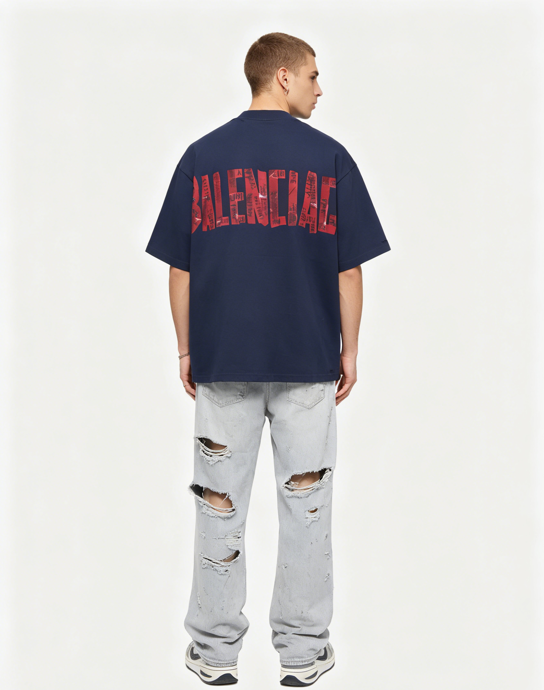 Balenciaga Red masking tape letters T-shirt and large destructive blade-cut jeans Suit