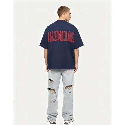 Balenciaga Red masking tape letters T-shirt and large destructive blade-cut jeans Suit 01