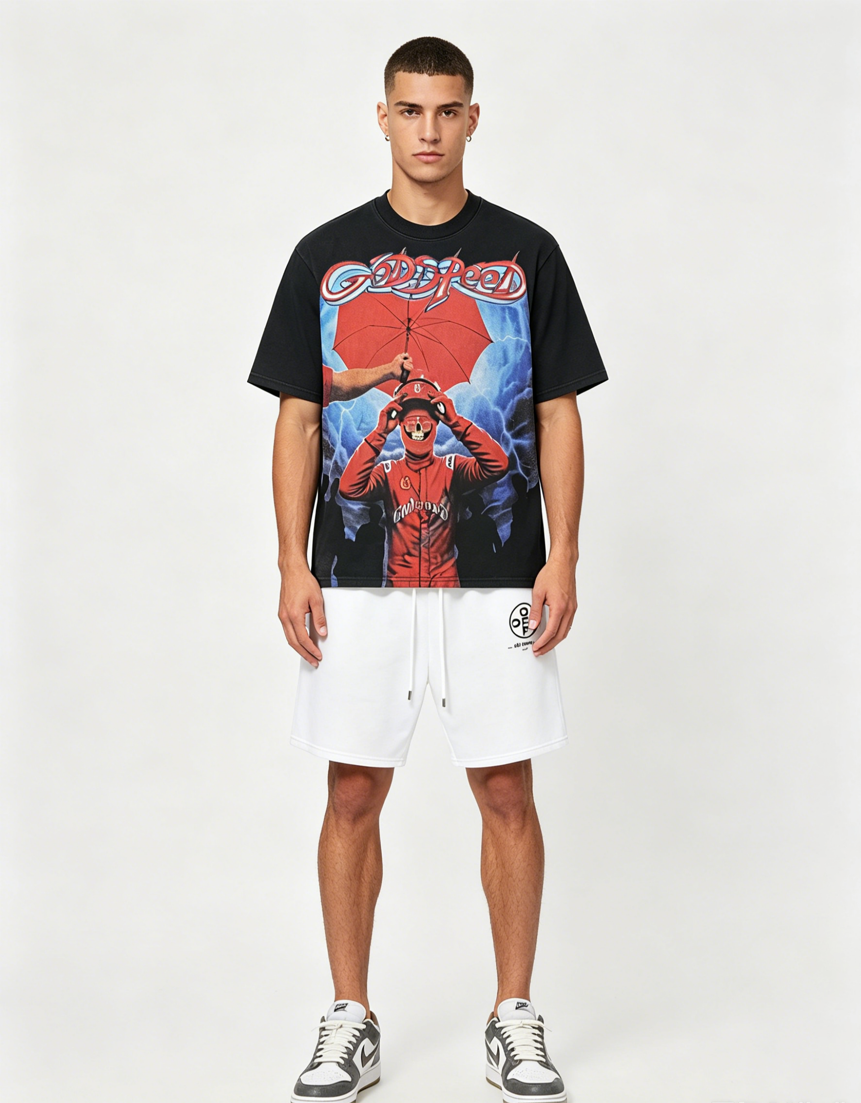 Godspeed T-Shirt Washed 1177 and OFF-WHITE Cotton Shorts 1018 Suit
