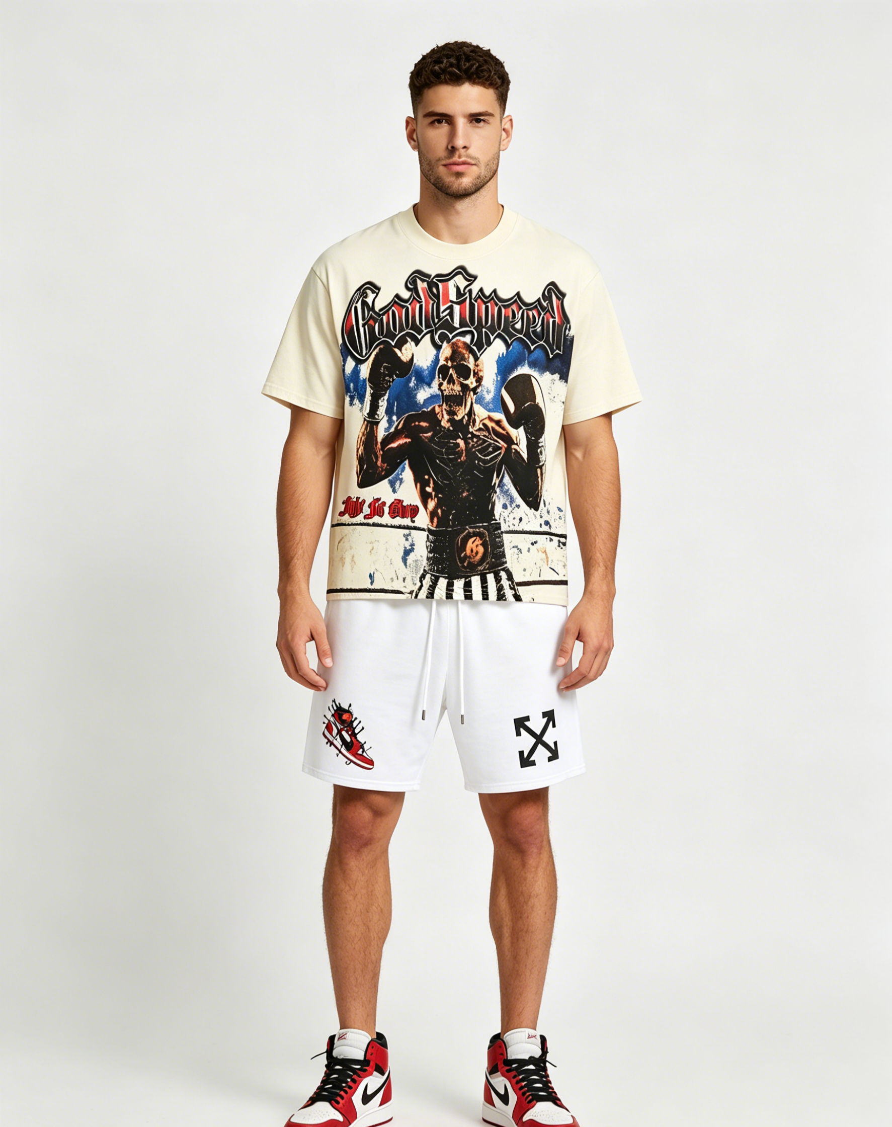 Godspeed T-Shirt Washed 3160 and OFF-WHITE Cotton Shorts 1013 Suit