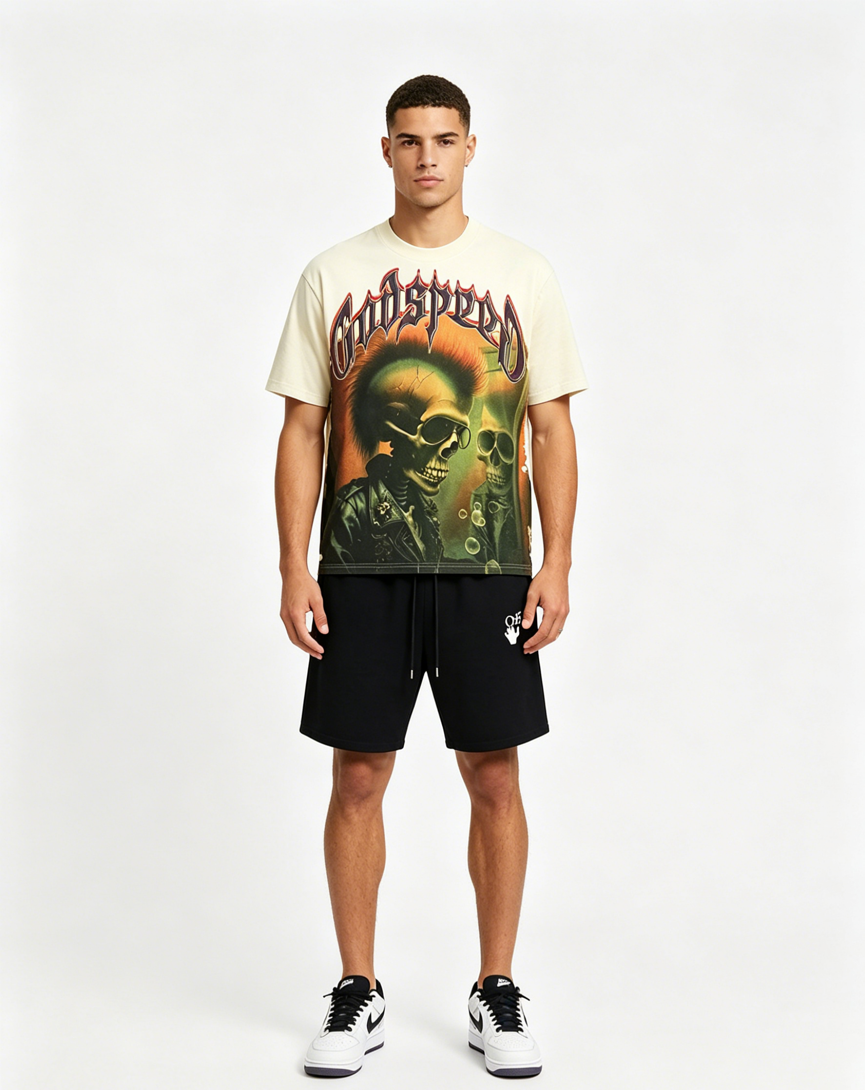 Godspeed T-Shirt Washed 3169 and OFF-WHITE Cotton Shorts 1213 Suit