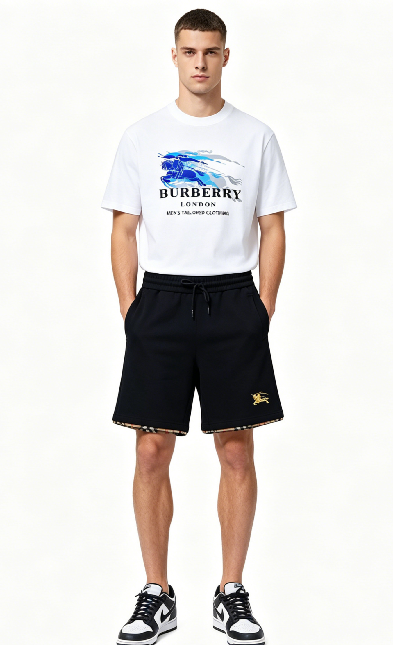 Burberry T-shirt Warhorse Print and Plaid Warhorse Embroidery Shorts Suit