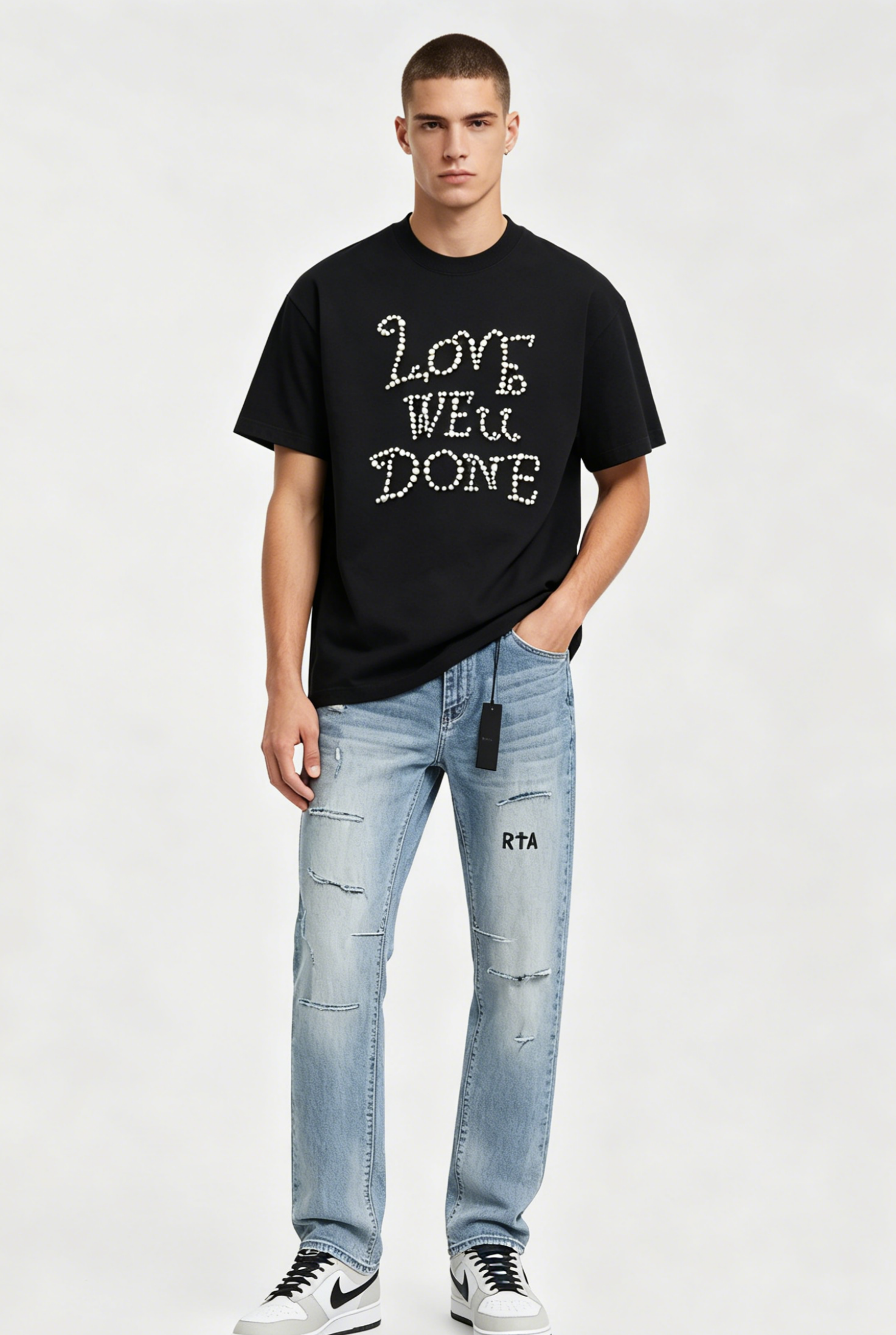 WE11DONE T-shirt 24SS TIvory Pearl Diamond and RTA Shorts RA901 Suit