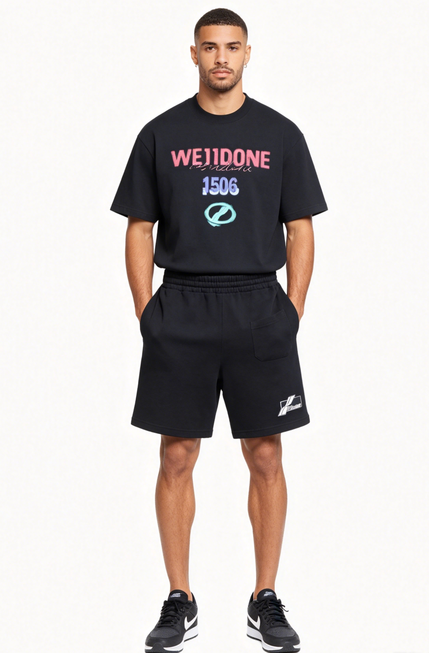 WE11DONE T-shirt 26SS Screen-printed Logo and Danmaku letters Shorts Suit