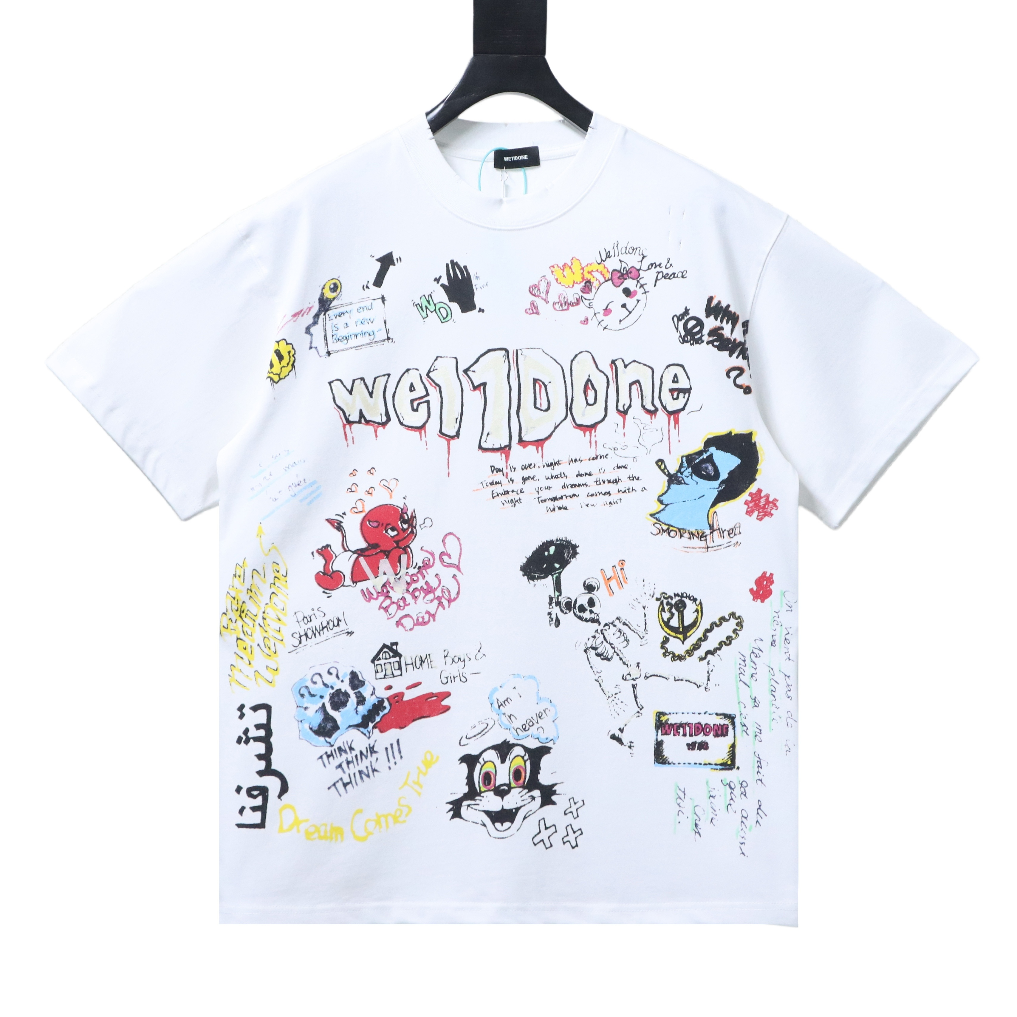 WE11DONE T-shirt graffiti hand-painted and 24SS Letter Logo Shorts Suit