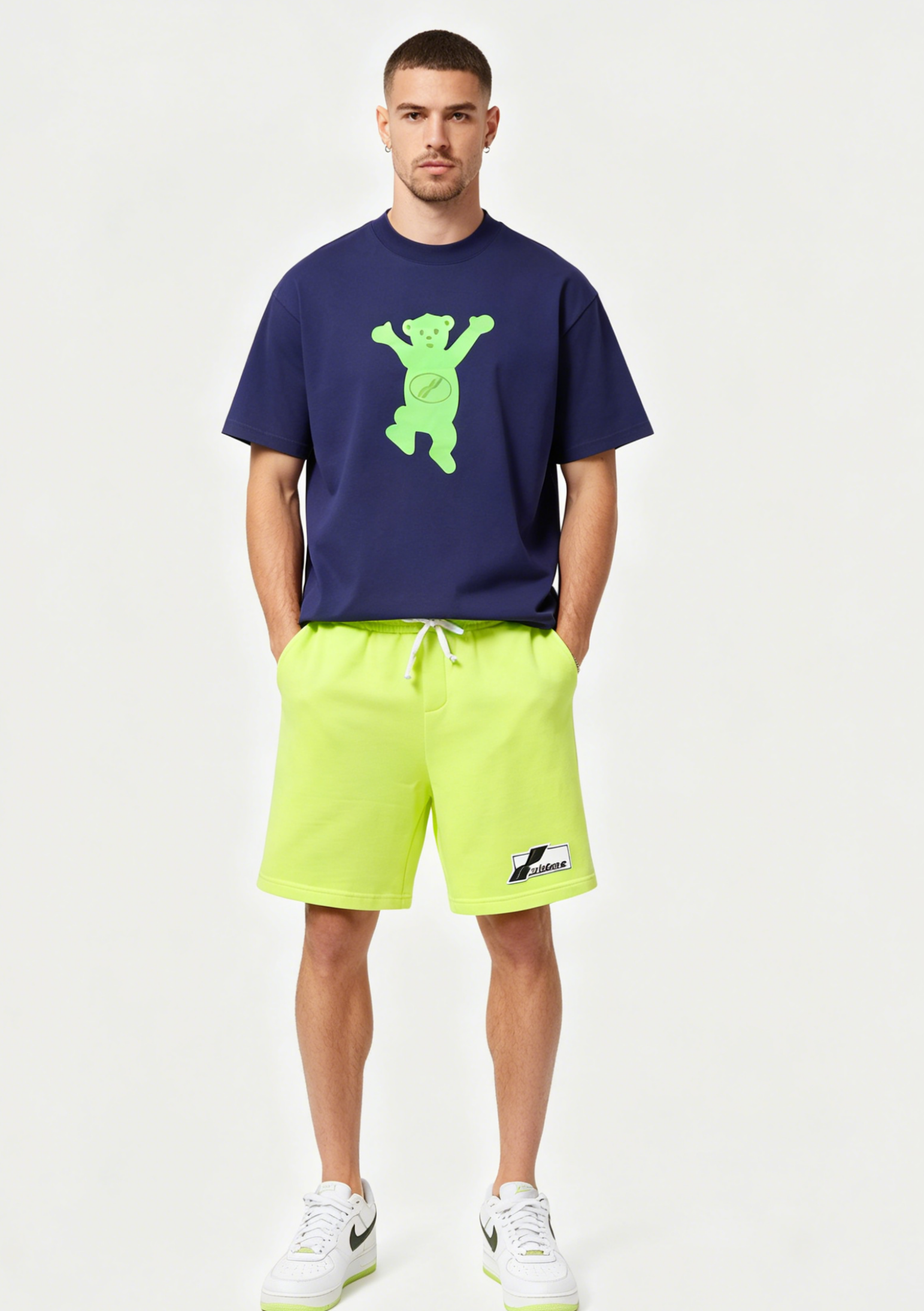 WE11DONE T-shirt Teddy Bear Fleece and Silicone Logo Drawstring Shorts Suit