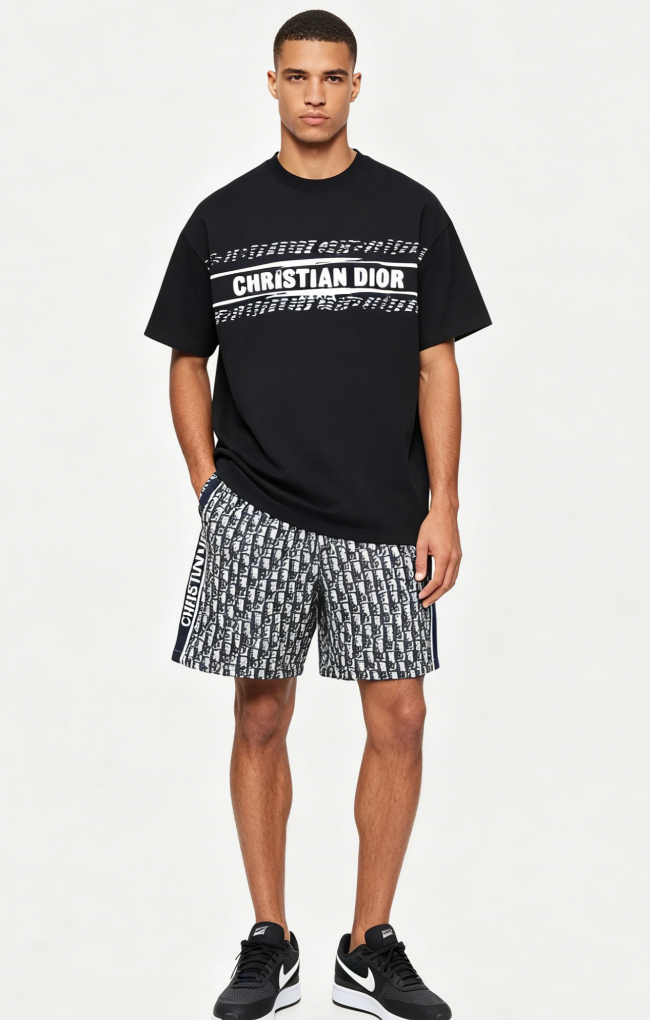 Dior T-shirt 26ss Doodle letters and Full-printed presbyopia Shorts Suit
