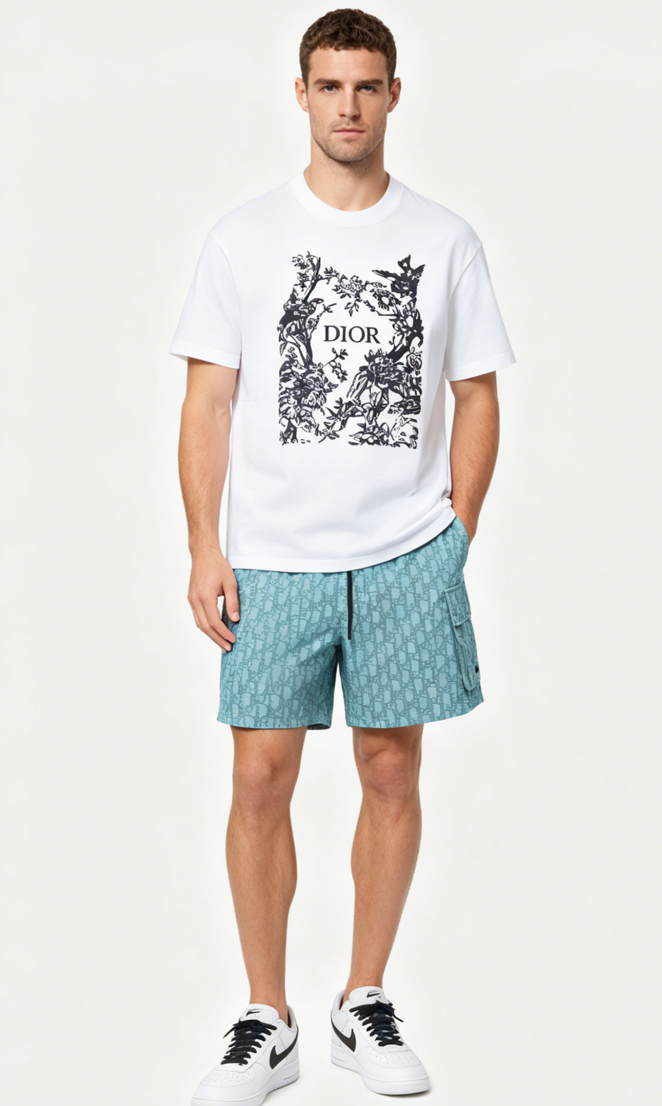 Dior T-shirt 26ss Flower Bird Silhouettes and Woven tape Shorts Suit