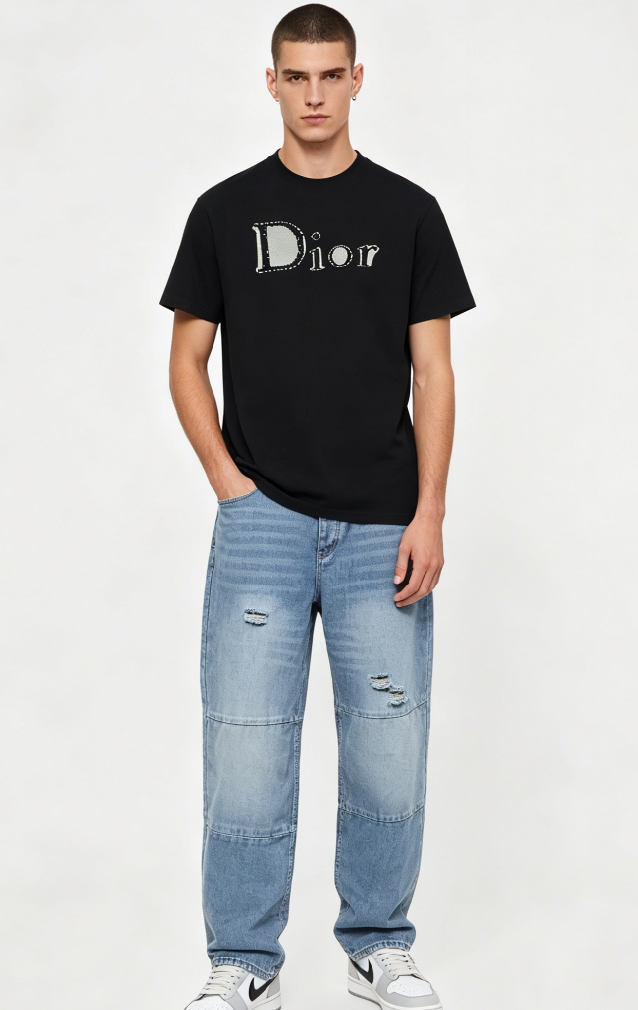 Dior T-shirt 26ss Mbroidery and Distressed Patchwork Wide-Leg Jeans Suit