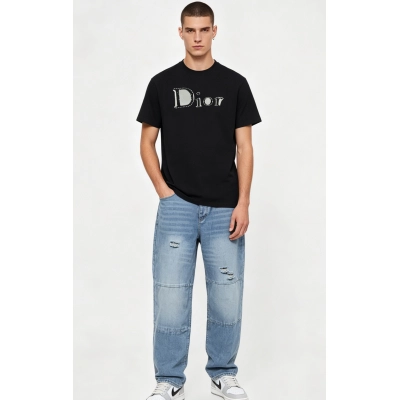 Dior T-shirt 26ss Mbroidery and Distressed Patchwork Wide-Leg Jeans Suit 01