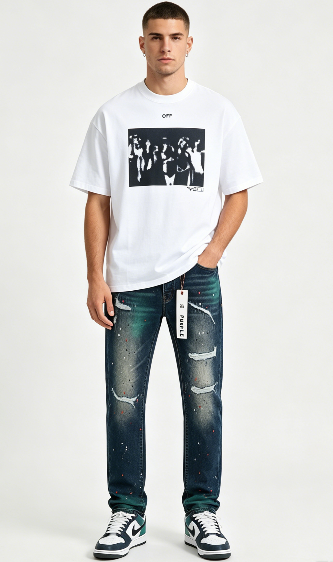 OFF-WHITE T-shirt 20ss Band portrait and Purple Brand Jeans PU173# Suit