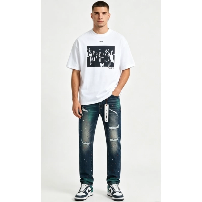 OFF-WHITE T-shirt 20ss Band portrait and Purple Brand Jeans PU173# Suit 01