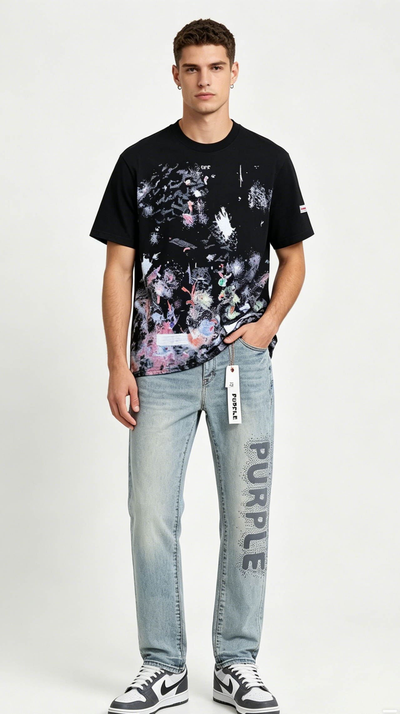 OFF-WHITE T-shirt Fireworks splash ink and Purple Brand Jeans PU826# Suit
