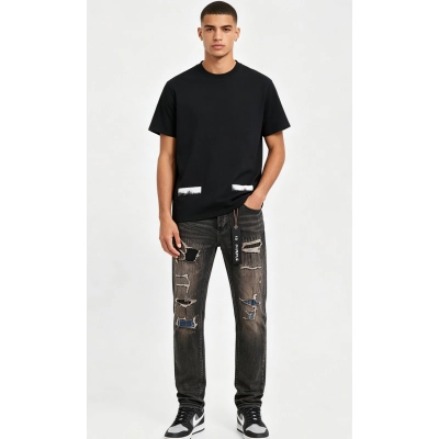 OFF-WHITE T-shirt Sandblasted Twill and Purple Brand Jeans PU157# Suit 01