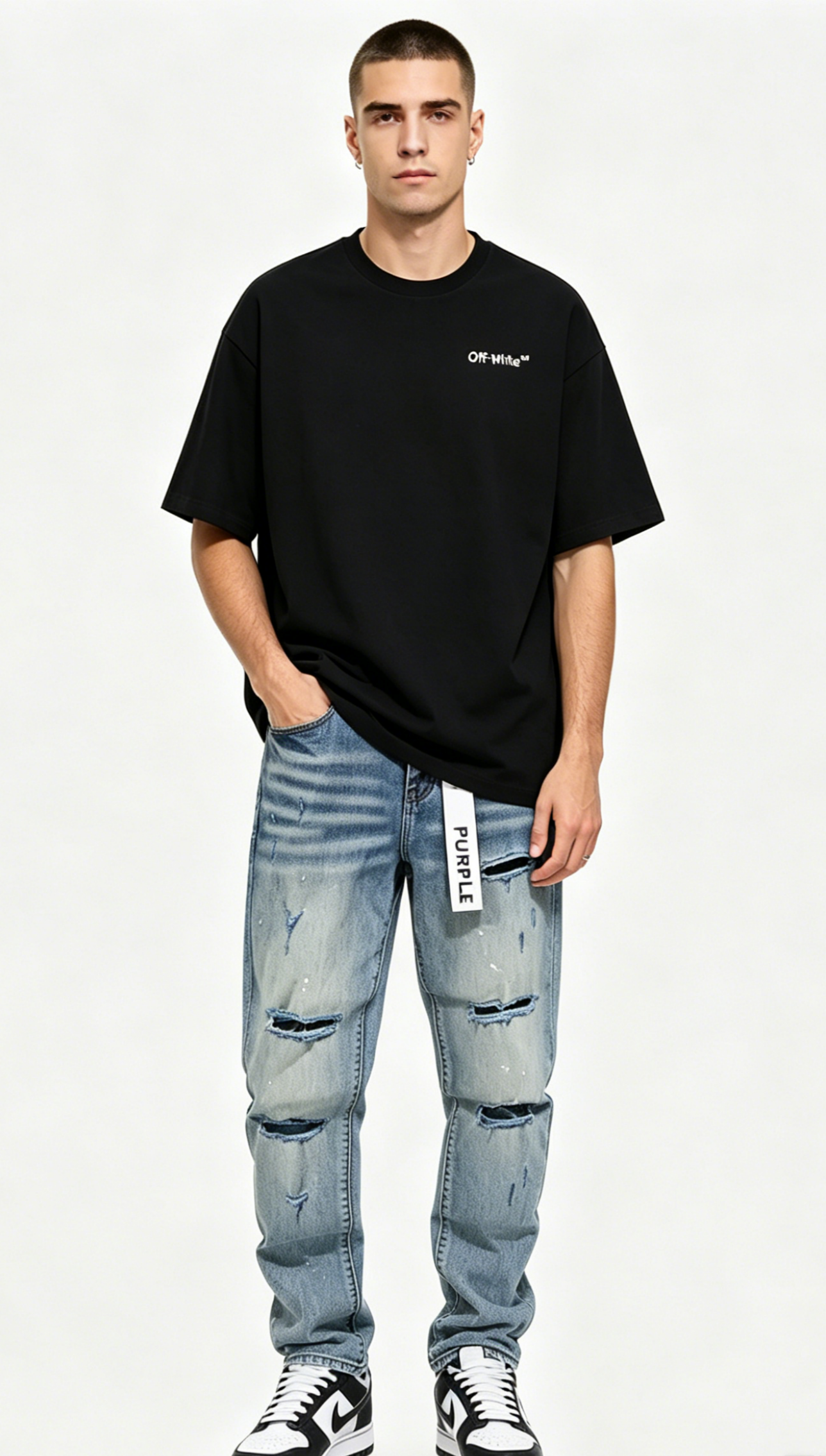 OFF-WHITE T-shirt Flower Arrow Print and Purple Brand Jeans PU117# Suit