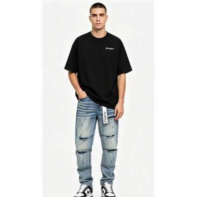 OFF-WHITE T-shirt Flower Arrow Print and Purple Brand Jeans PU117# Suit 01