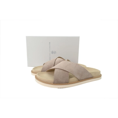 PKGoden Brunello Cucinelli Suede Cross Slide Sandals Beige 01