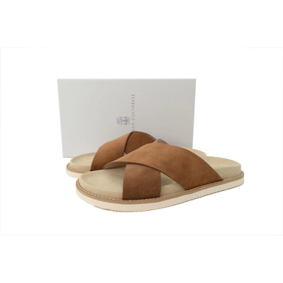 PKGoden Brunello Cucinelli Suede Cross Slide Sandals Brown 01
