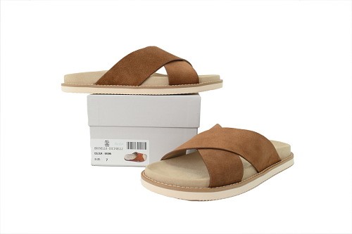 PKGoden Brunello Cucinelli Suede Cross Slide Sandals Brown
