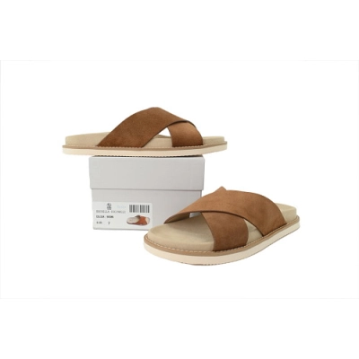 PKGoden Brunello Cucinelli Suede Cross Slide Sandals Brown 02