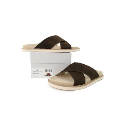PKGoden Brunello Cucinelli Suede Cross Slide Sandals Coffee 02