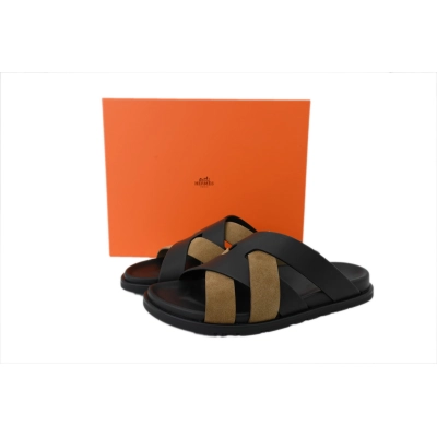 Hermes Flat-fronted Single-row Slippers Black-Green 01