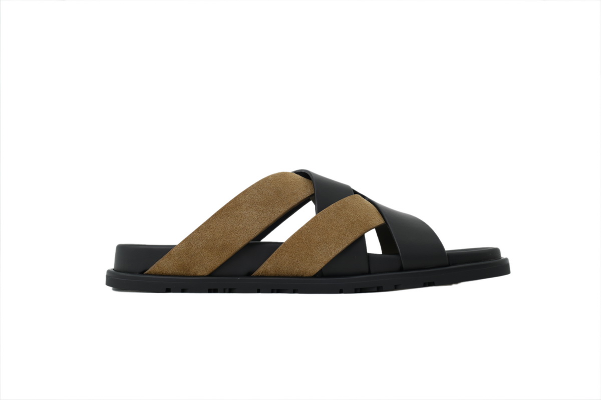 Hermes Flat-fronted Single-row Slippers Black-Green