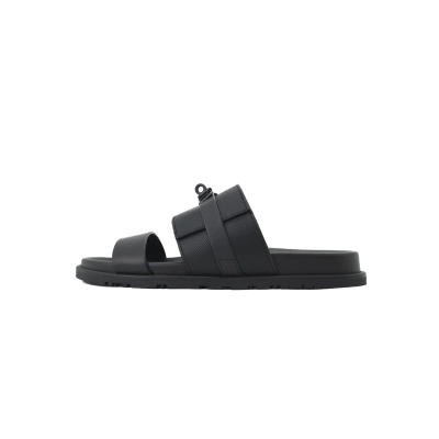 Hermes Flat-fronted Single-row Slippers Pure Black Lychee buttons 02