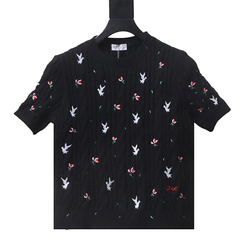 Dior 26SS Flower White Dove Embroidered Twisted Knit Short Sleeve T-Shirt