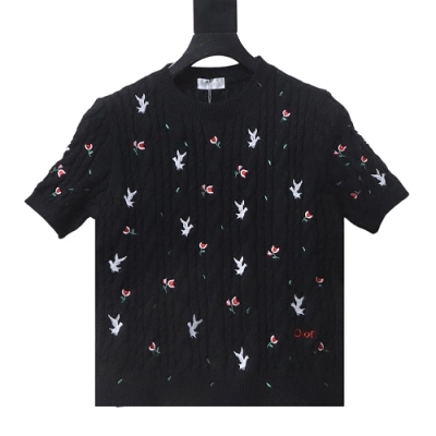 Dior 26SS Flower White Dove Embroidered Twisted Knit Short Sleeve T-Shirt 01