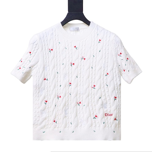 Dior 26SS Flower White Dove Embroidered Twisted Knit Short Sleeve T-Shirt