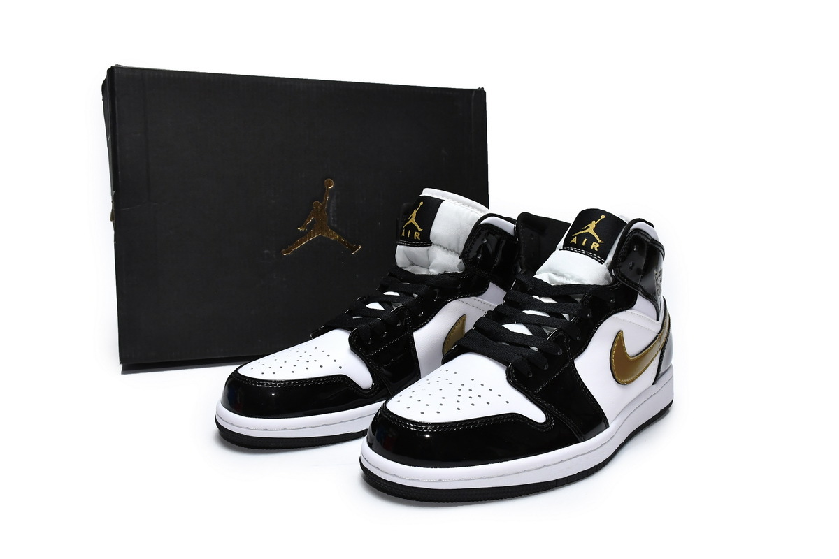Jordan 1 Mid Patent Black White Gold (Mid Quality)