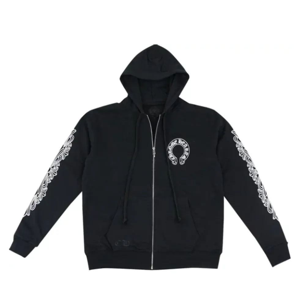 Chrome Hearts Horseshoe Floral Cross-Sleeve Zip Up Hoodie Black/White