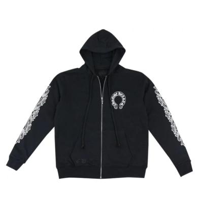Chrome Hearts Horseshoe Floral Cross-Sleeve Zip Up Hoodie Black/White 01