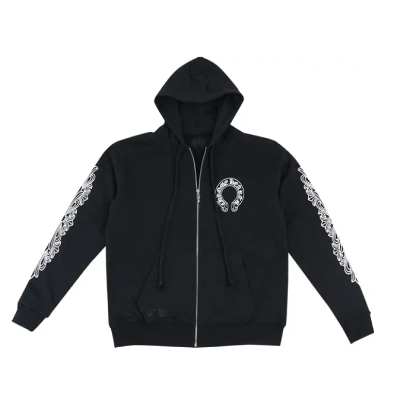 Chrome Hearts Horseshoe Floral Cross-Sleeve Zip Up Hoodie Black/White