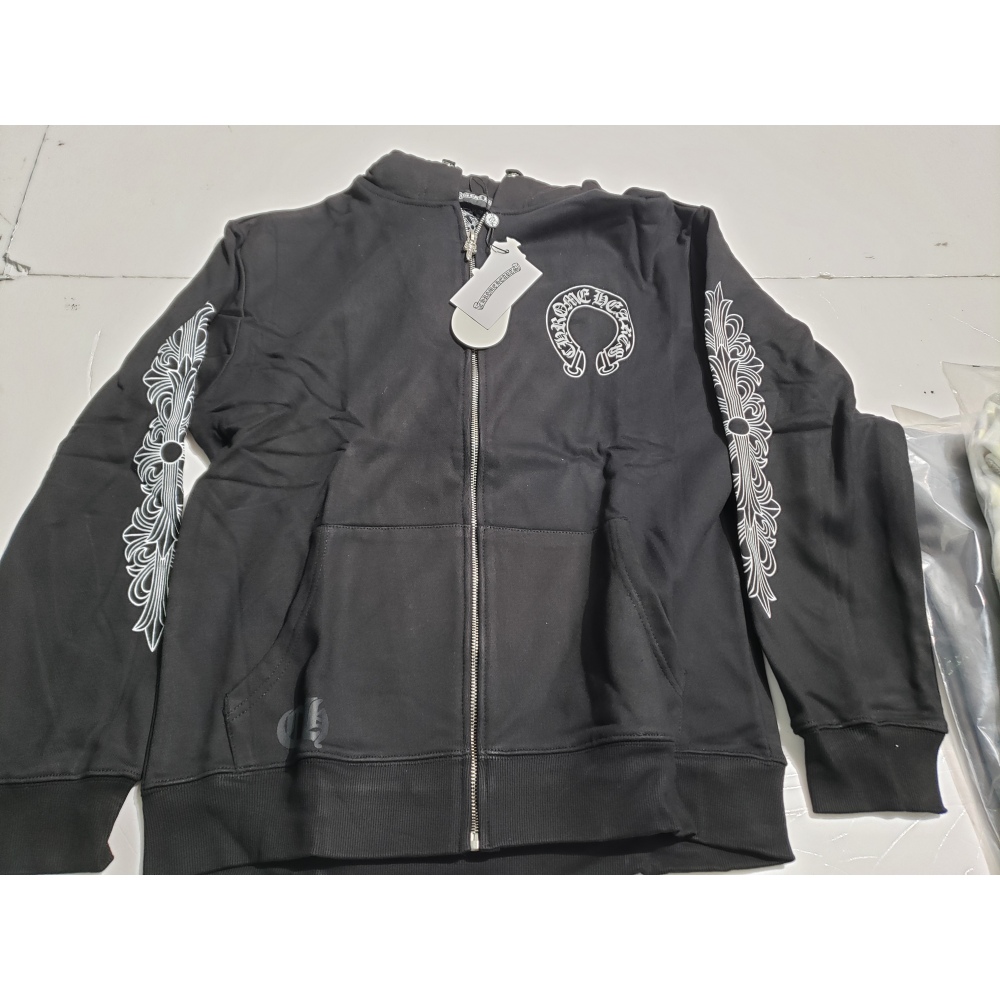 Chrome Hearts Horseshoe Floral Cross-Sleeve Zip Up Hoodie Black/White