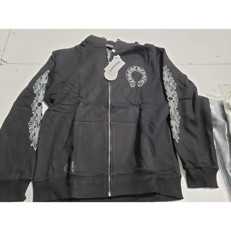 Chrome Hearts Horseshoe Floral Cross-Sleeve Zip Up Hoodie Black/White