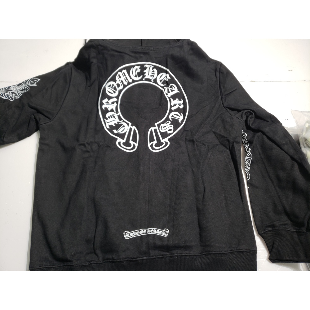 Chrome Hearts Horseshoe Floral Cross-Sleeve Zip Up Hoodie Black/White