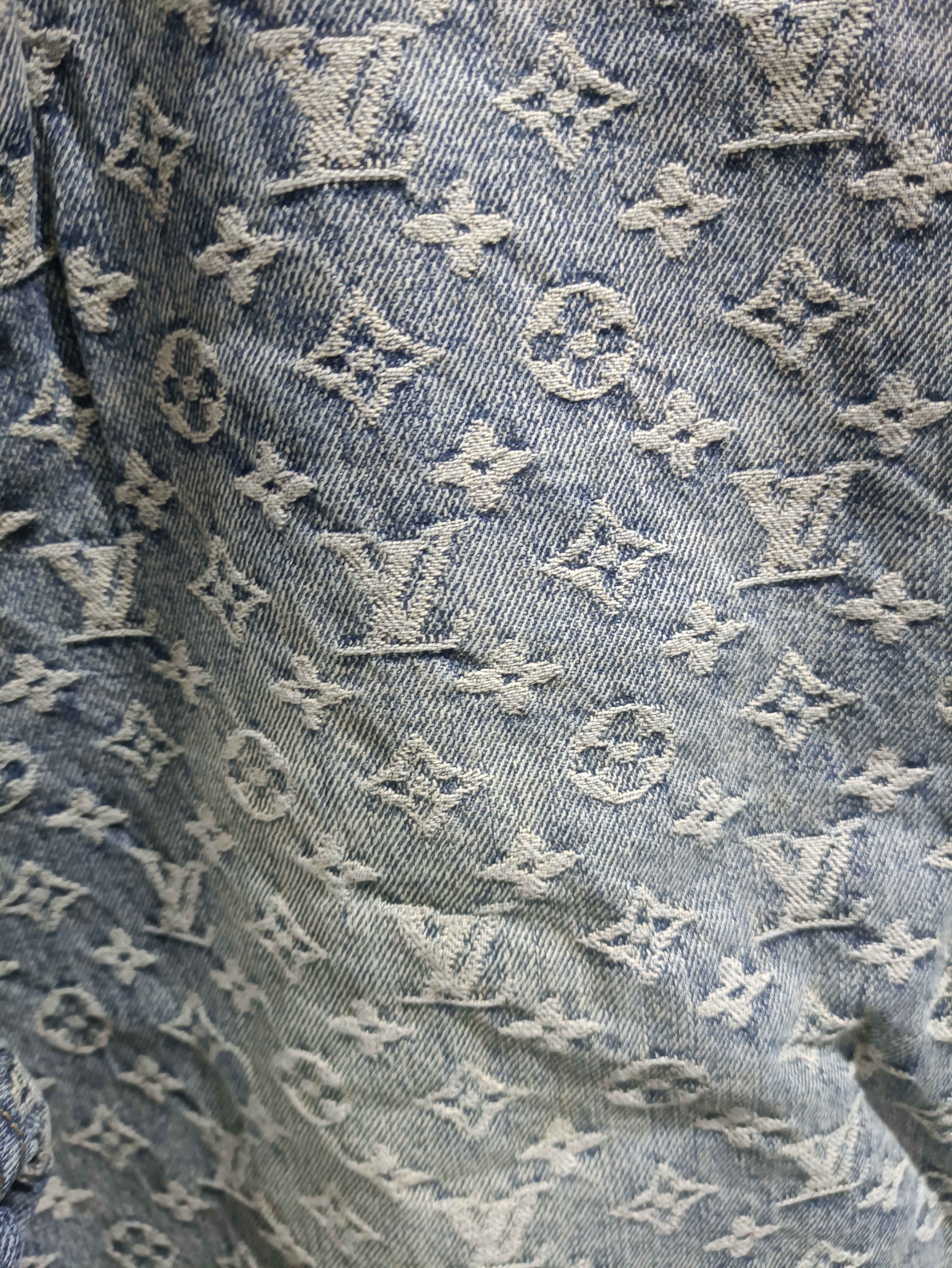 Louis Vuitton distressed washed full print denim shorts Jeans