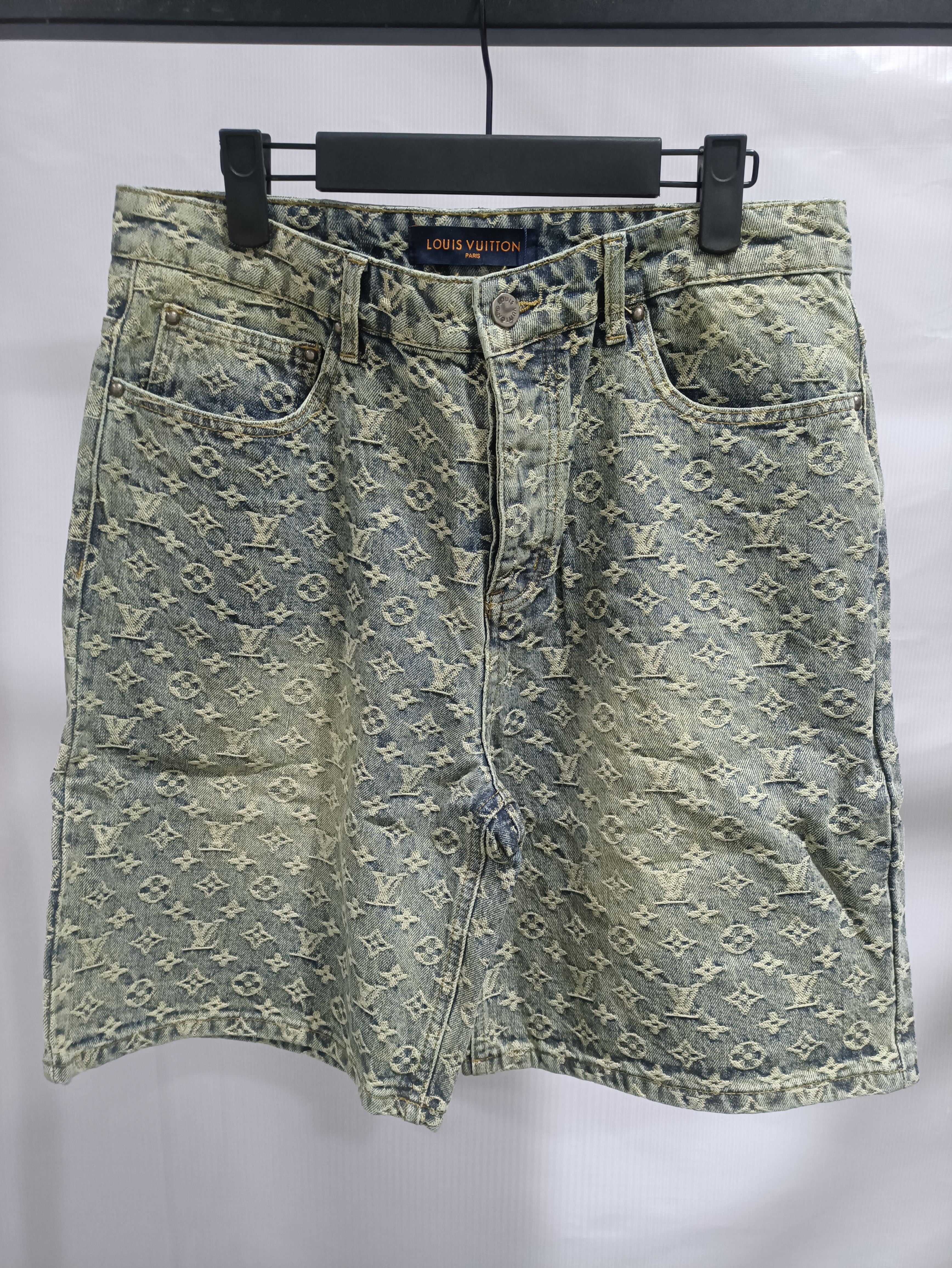 Louis Vuitton distressed washed full print denim shorts Jeans