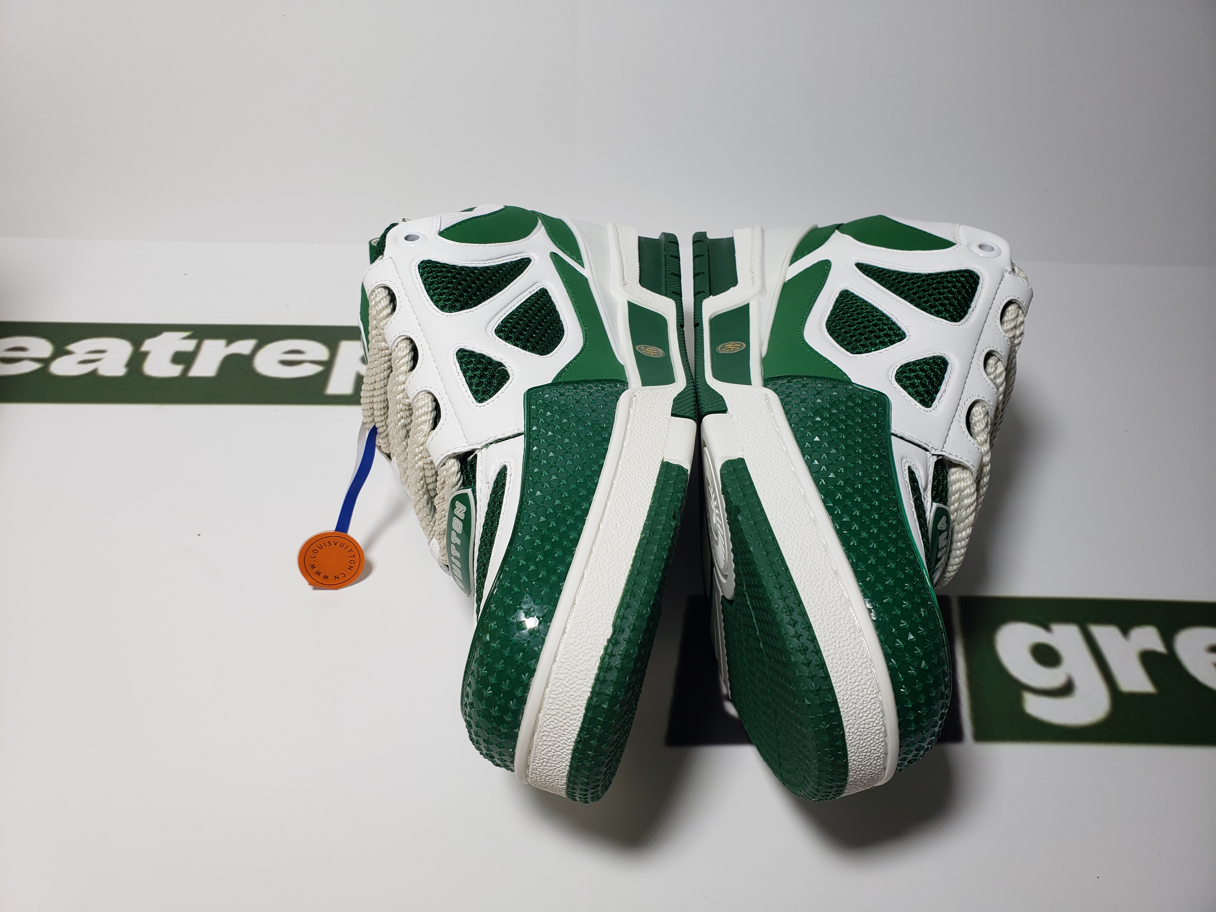 Replica Louis Vuitton Leather lace up Fashionable Board Shoes White Green 1AC520