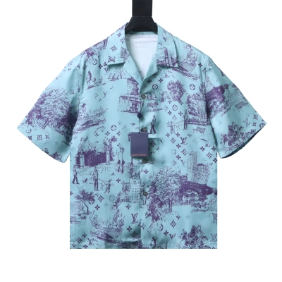 Louis Vuitton City Park Mulberry Silk Short-Sleeve Shirt Blue 01