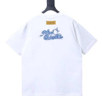 LOUIS VUITTON/LV 26SS Crew-Neck Short-Sleeve T-Shirt with Denim Logo Embroidery on Chest White 02