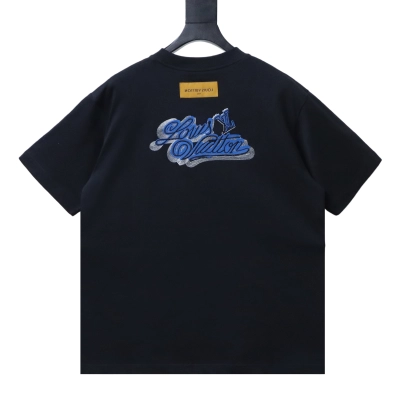 LOUIS VUITTON/LV 26SS Crew-Neck Short-Sleeve T-Shirt with Denim Logo Embroidery on Chest Black 02