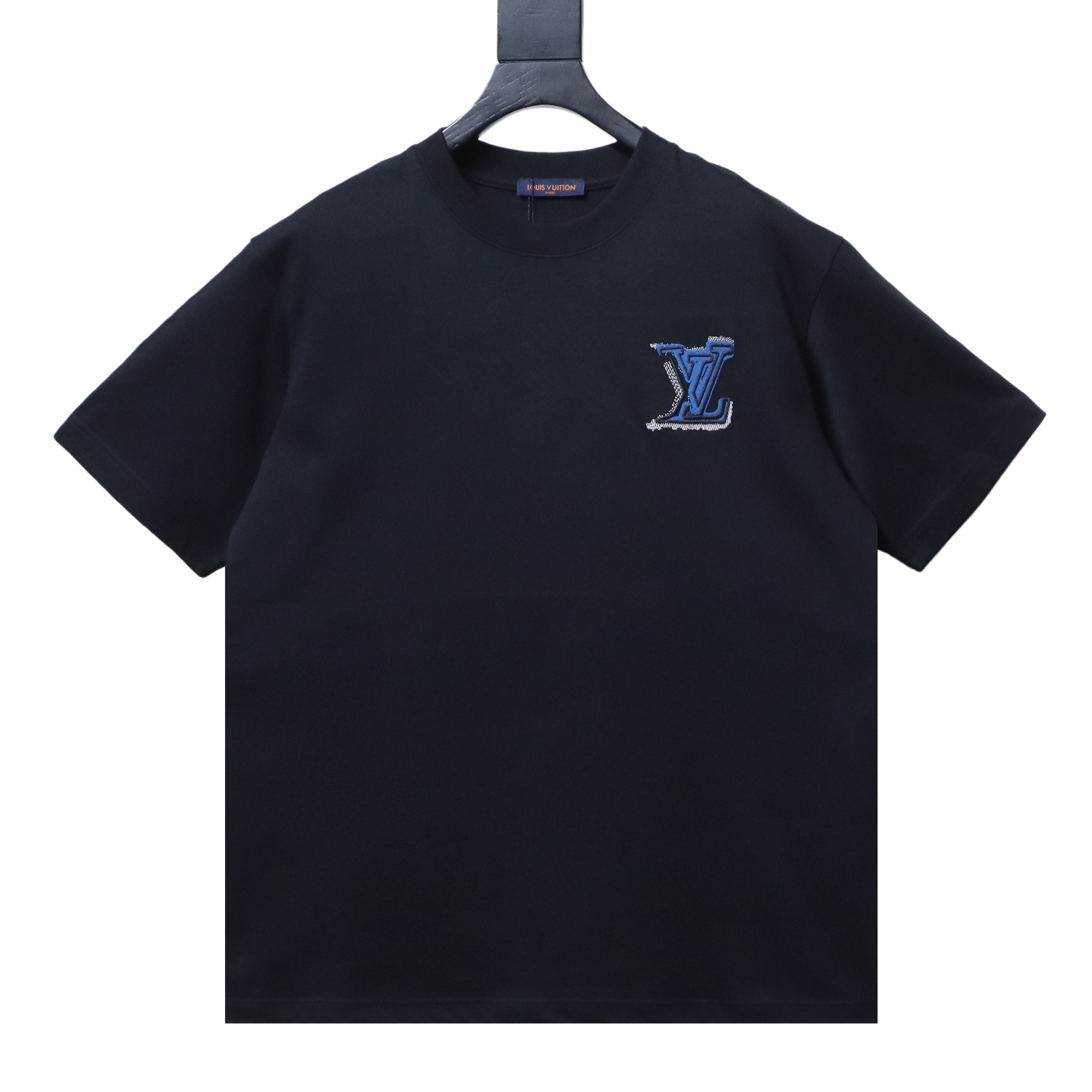 LOUIS VUITTON/LV 26SS Crew-Neck Short-Sleeve T-Shirt with Denim Logo Embroidery on Chest Black