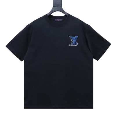 LOUIS VUITTON/LV 26SS Crew-Neck Short-Sleeve T-Shirt with Denim Logo Embroidery on Chest Black 01
