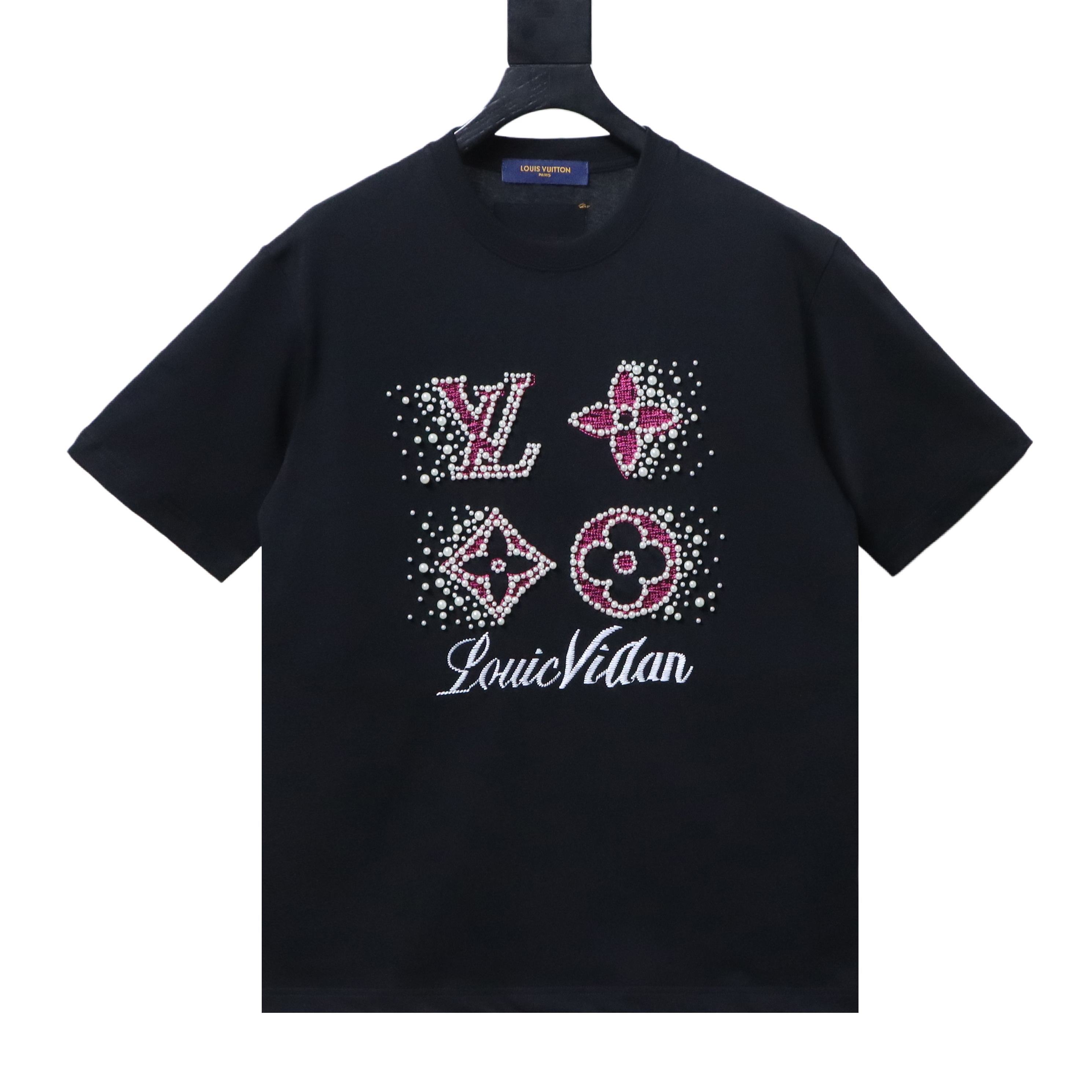 LOUIS VUITTON/LV 26SS Crew-Neck Short-Sleeve T-Shirt with Linear Bead and Embroidery Detail Black