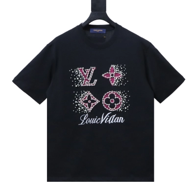 LOUIS VUITTON/LV 26SS Crew-Neck Short-Sleeve T-Shirt with Linear Bead and Embroidery Detail Black 01